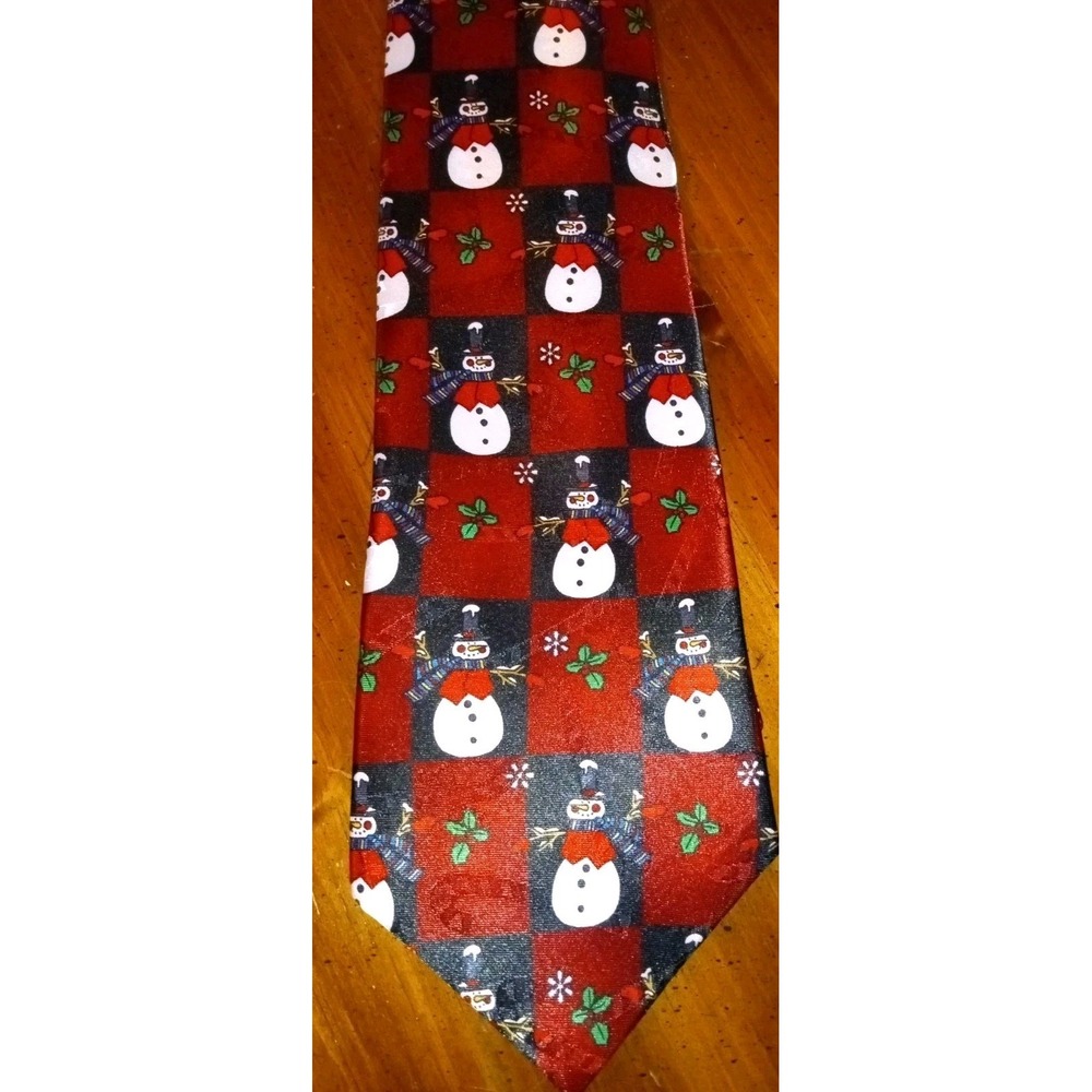 Yule Tie Greetings Hallmark Snowman Christmas‎ Necktie Red Black Checkered Mens